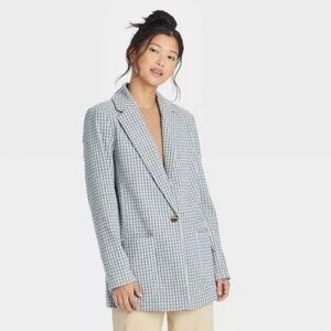 Oversized Plaid One Button Blazer Size L Pocket Blue Gray Academia